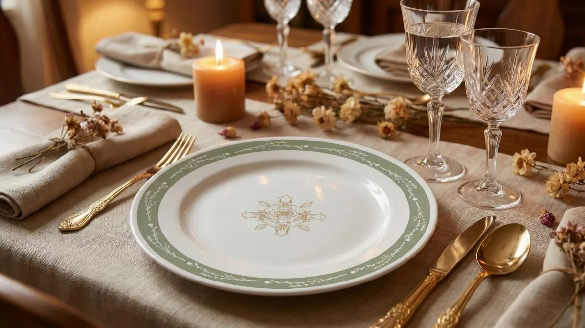 Mesa elegante posta com louças da coleção Império